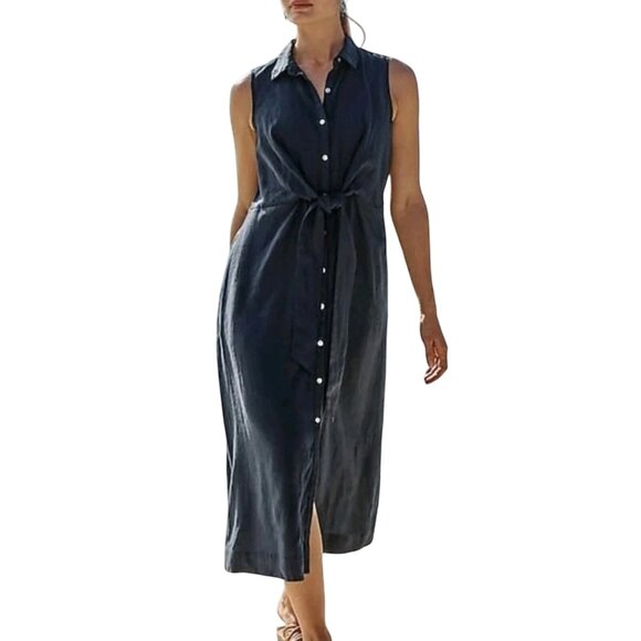 J Jill Love Linen Sleeveless Button Front Shirt Dress Size XL Petite Navy Blue - Picture 1 of 8